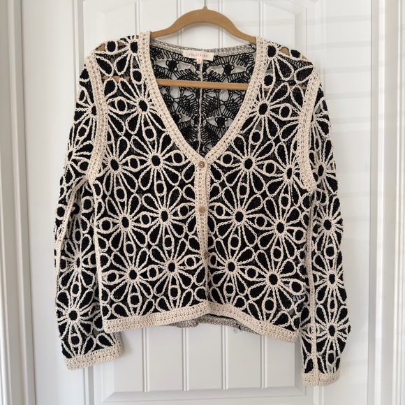 Solitaire Sweaters - Solitaire Black and Cream Floral Crochet Sweater